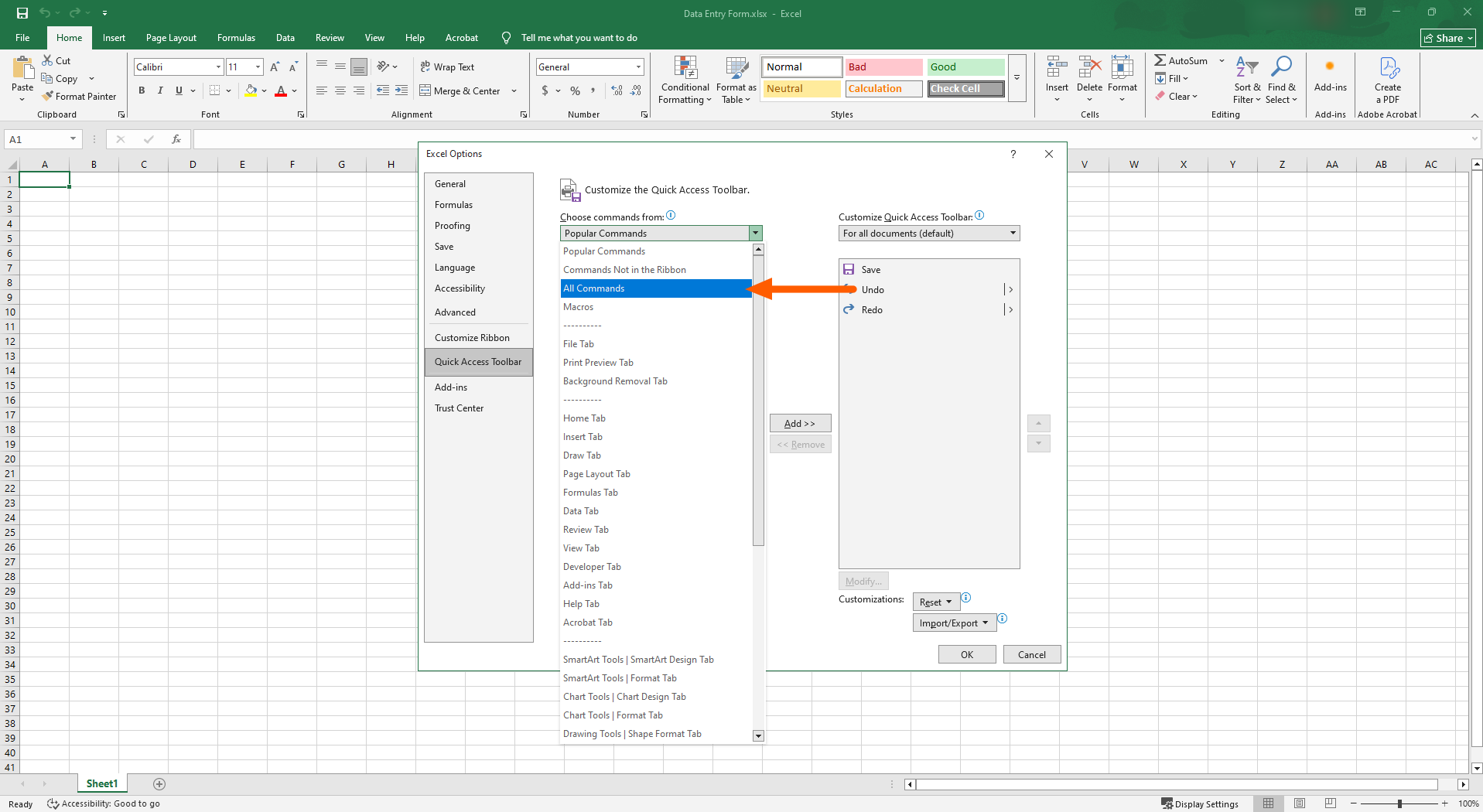 Microsoft Excel interface showing "All Commands" in the "Choose commands from" dropdown in the Quick Access Toolbar options popup