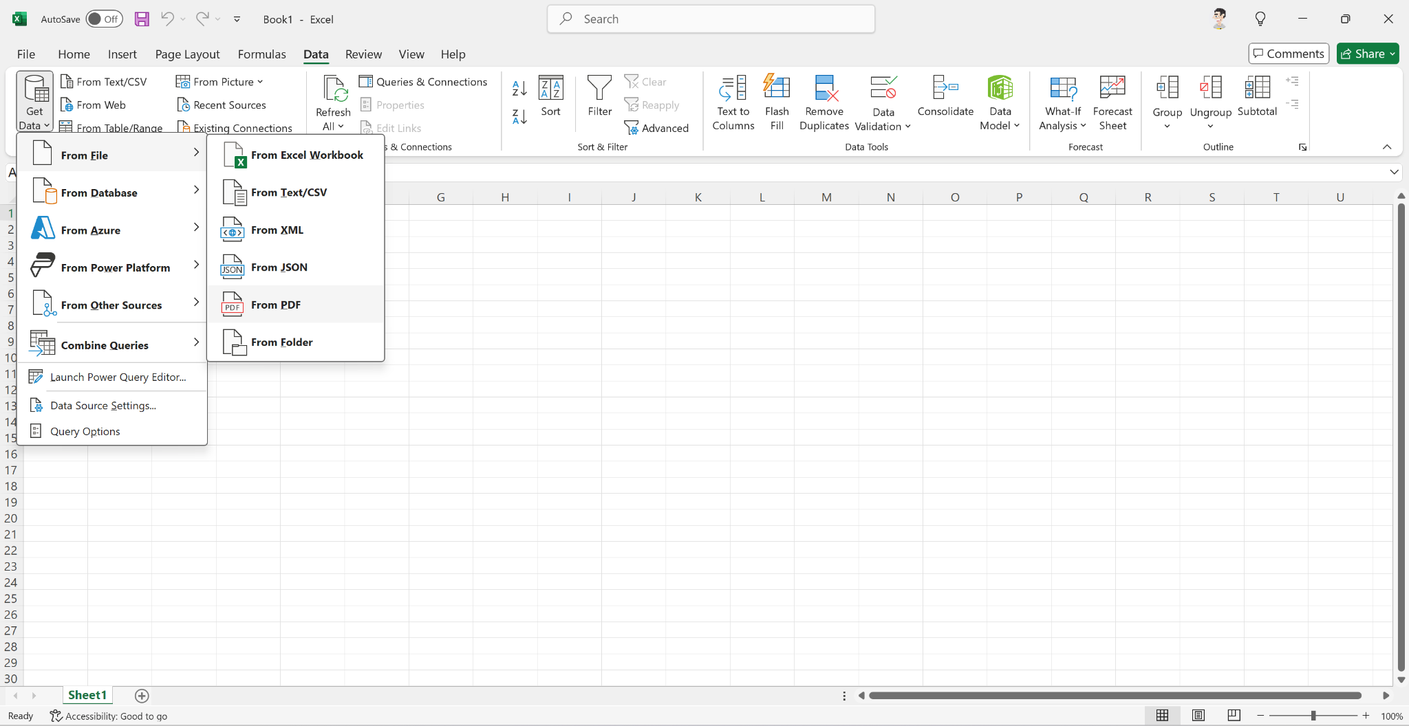 Excel’s Data tab with the Get Data menu open to import data from a PDF