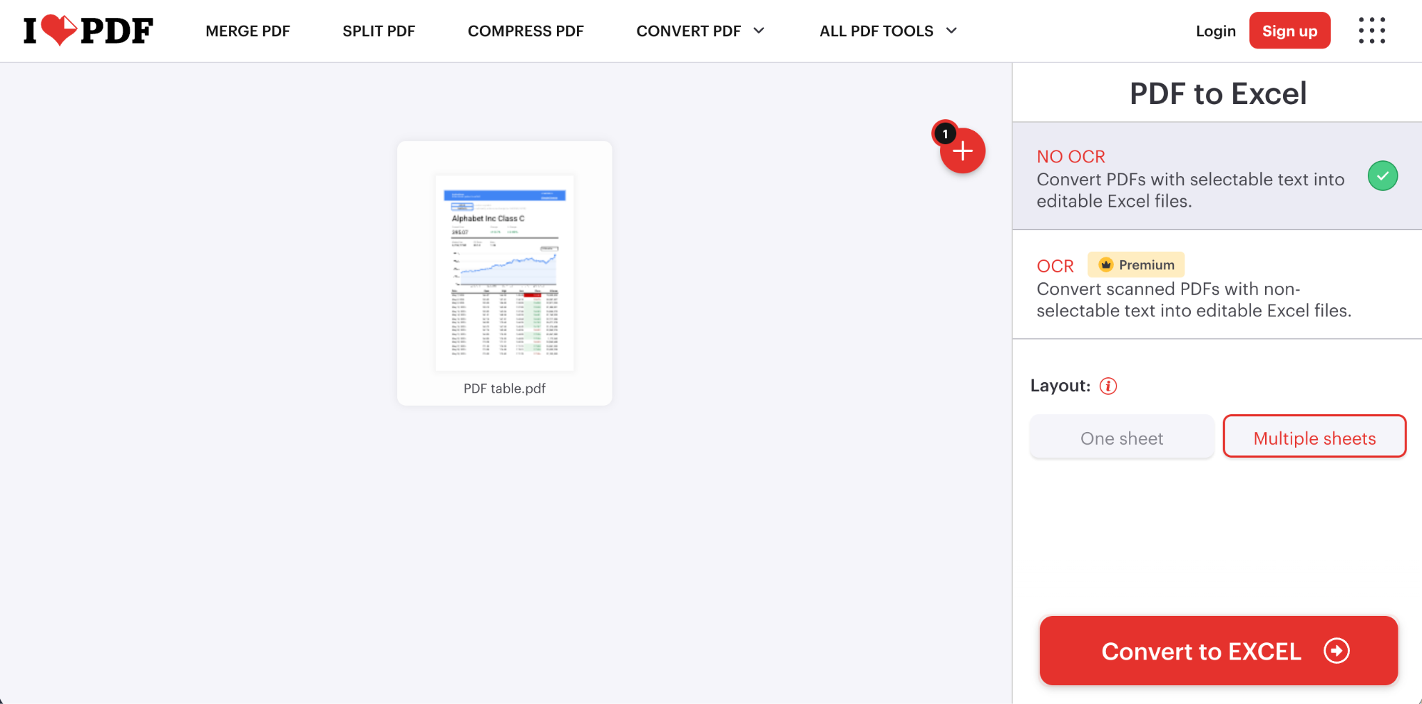 iLovePDF PDF-to-Excel converter showing a PDF uploaded and ready to convert