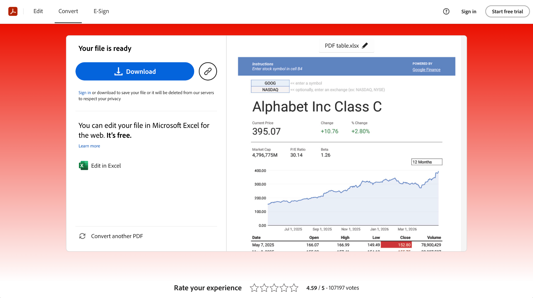 Adobe online PDF-to-Excel converter showing an uploaded PDF preview