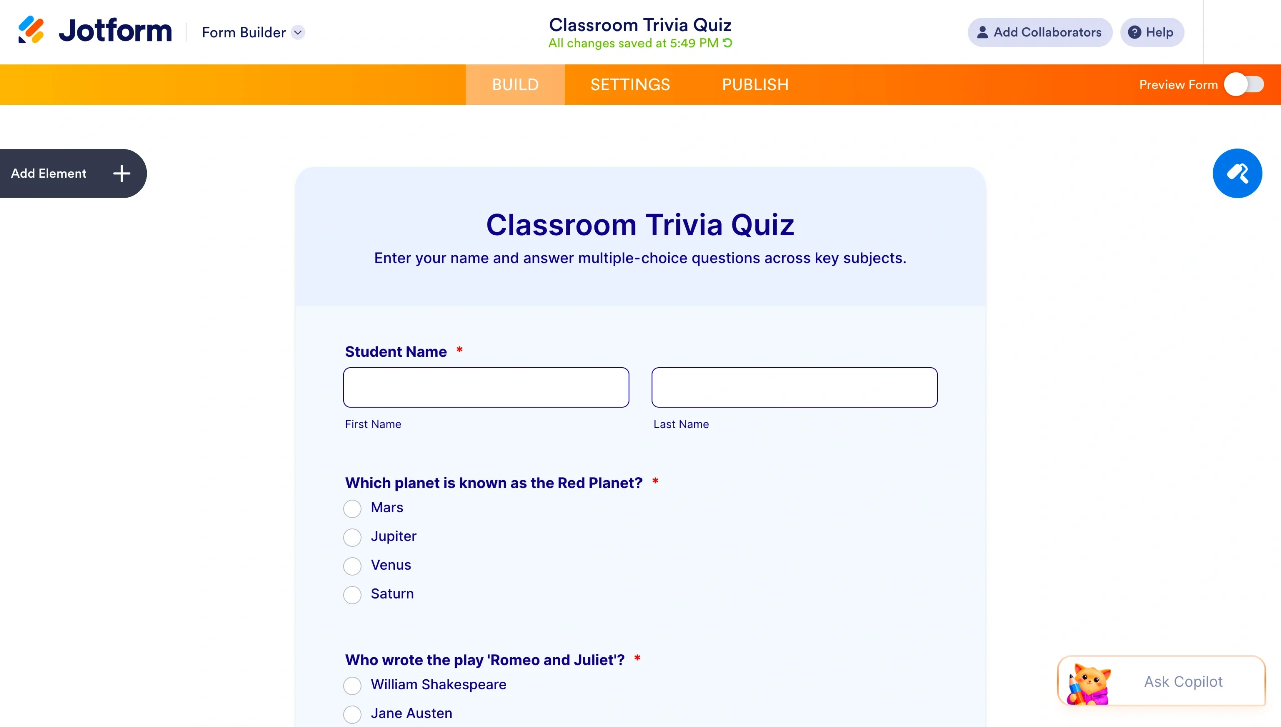 Jotform Form Builder showing the generated Classroom Trivia Quiz