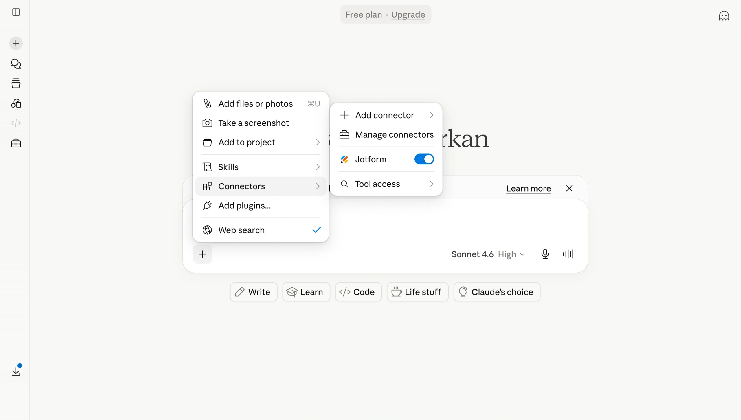 Claude chat menu showing how to enable the Jotform connector for a session