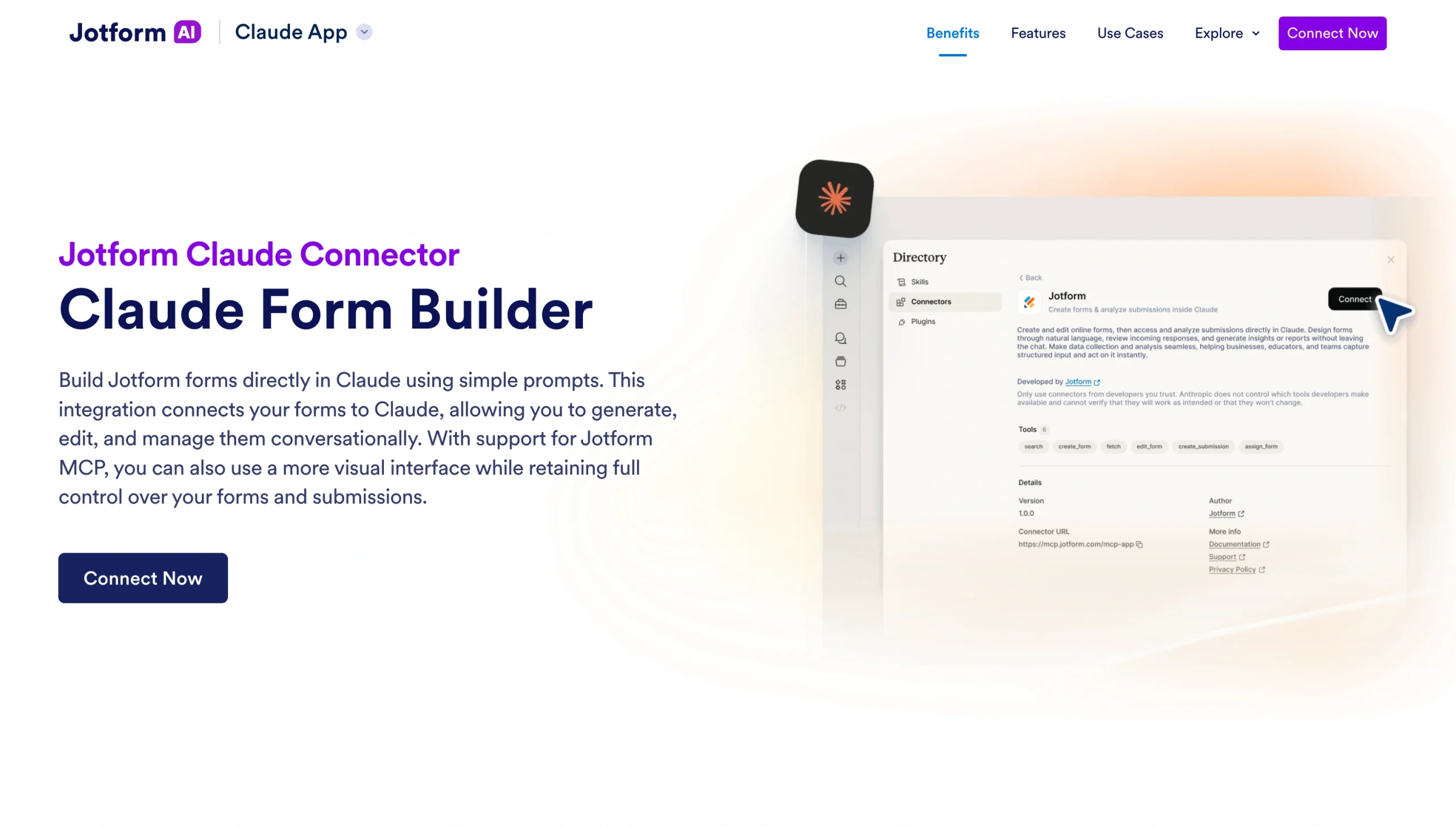 Screenshot of the Jotform Claude Connector landing page