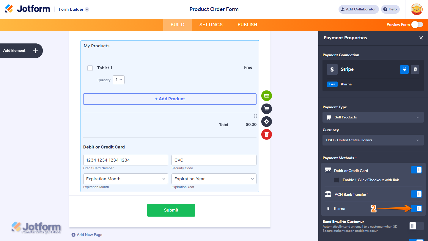 Stripe Integration settings panel in Jotform showing the Payment Methods section with the Klarna option enabled for a Product List payment form