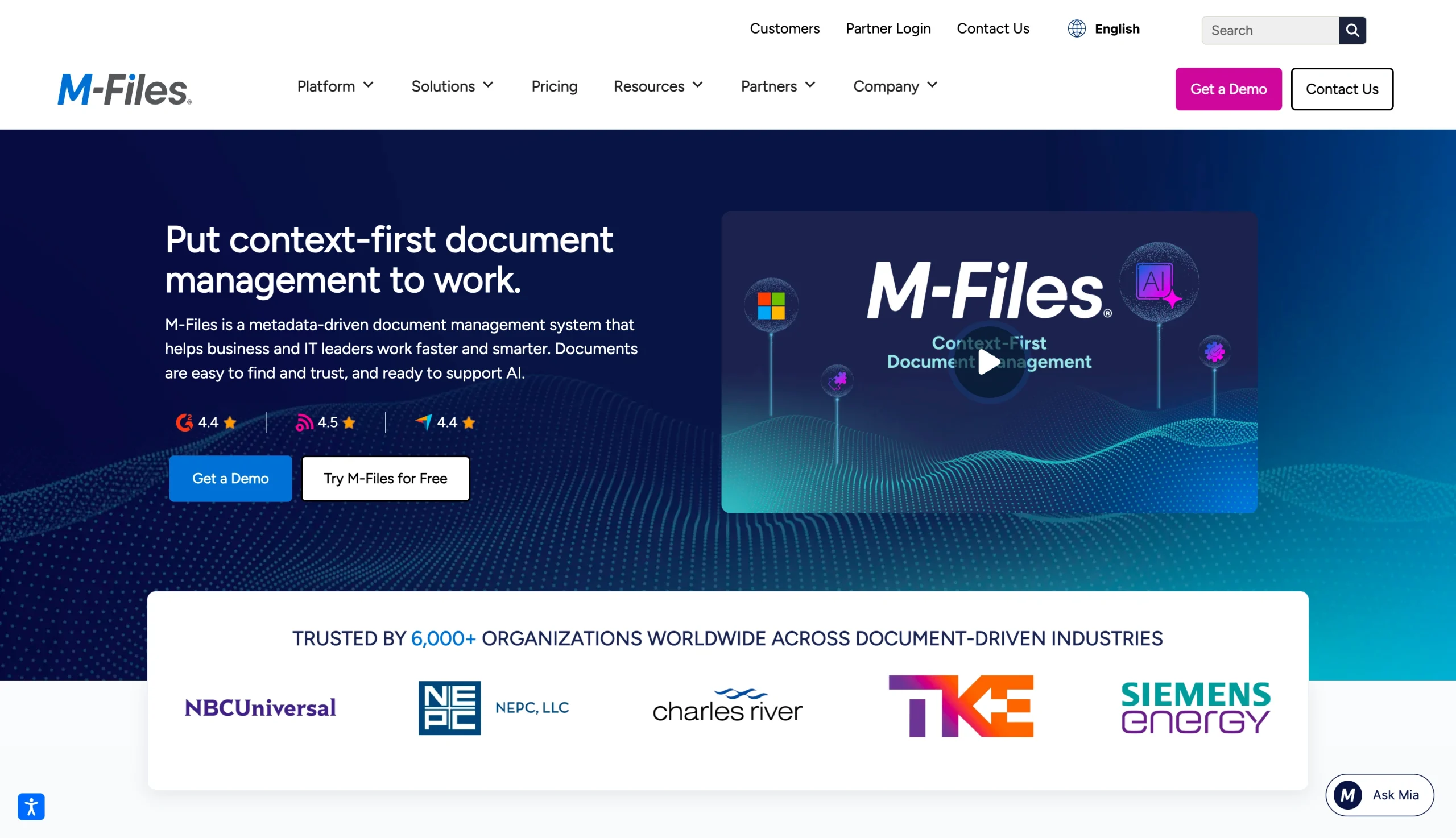 Screenshot of the M-Files landing page, showing a headline "Put context-first document management to work