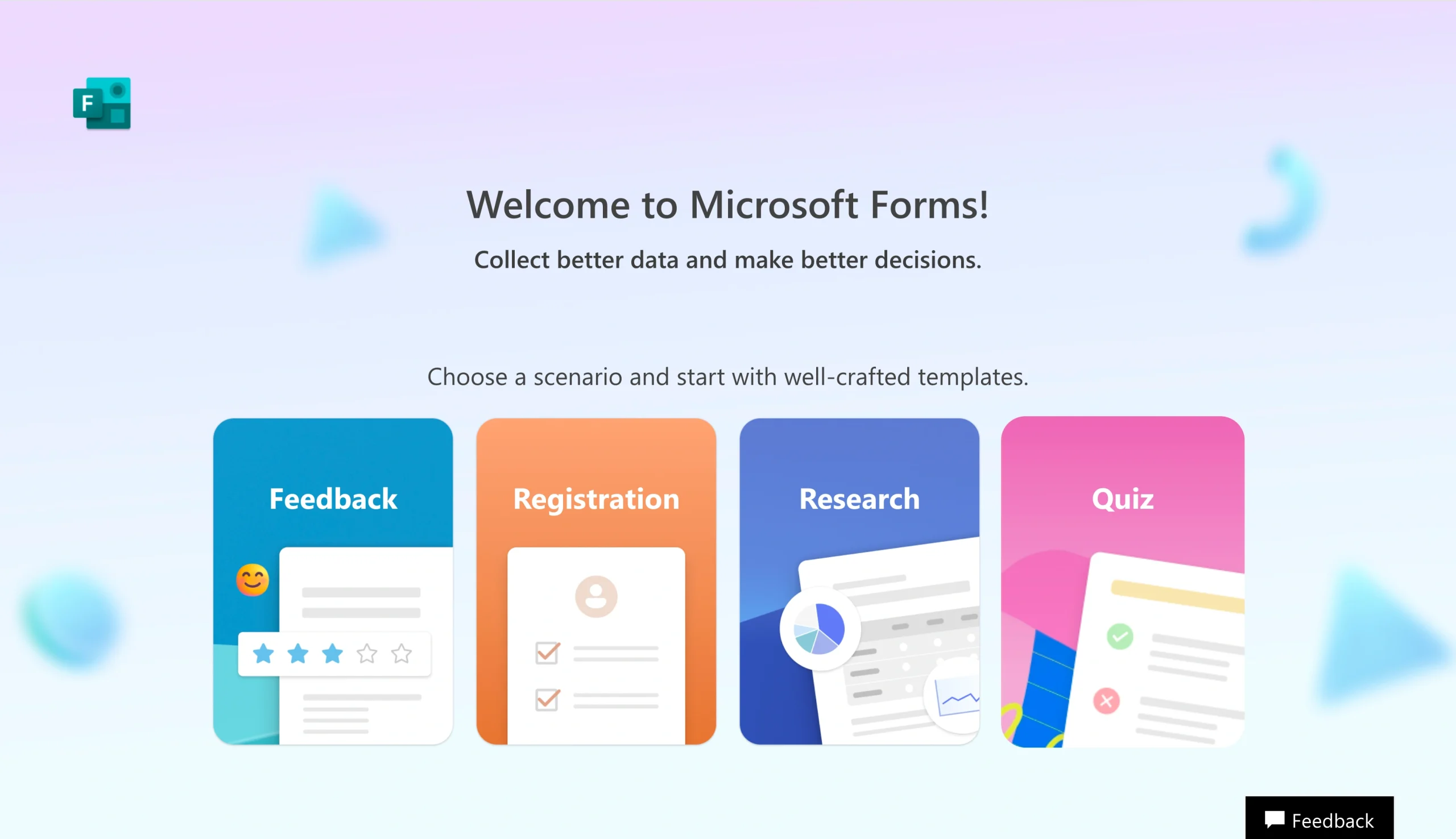 Screenshot of the Microsoft Forms landing page
