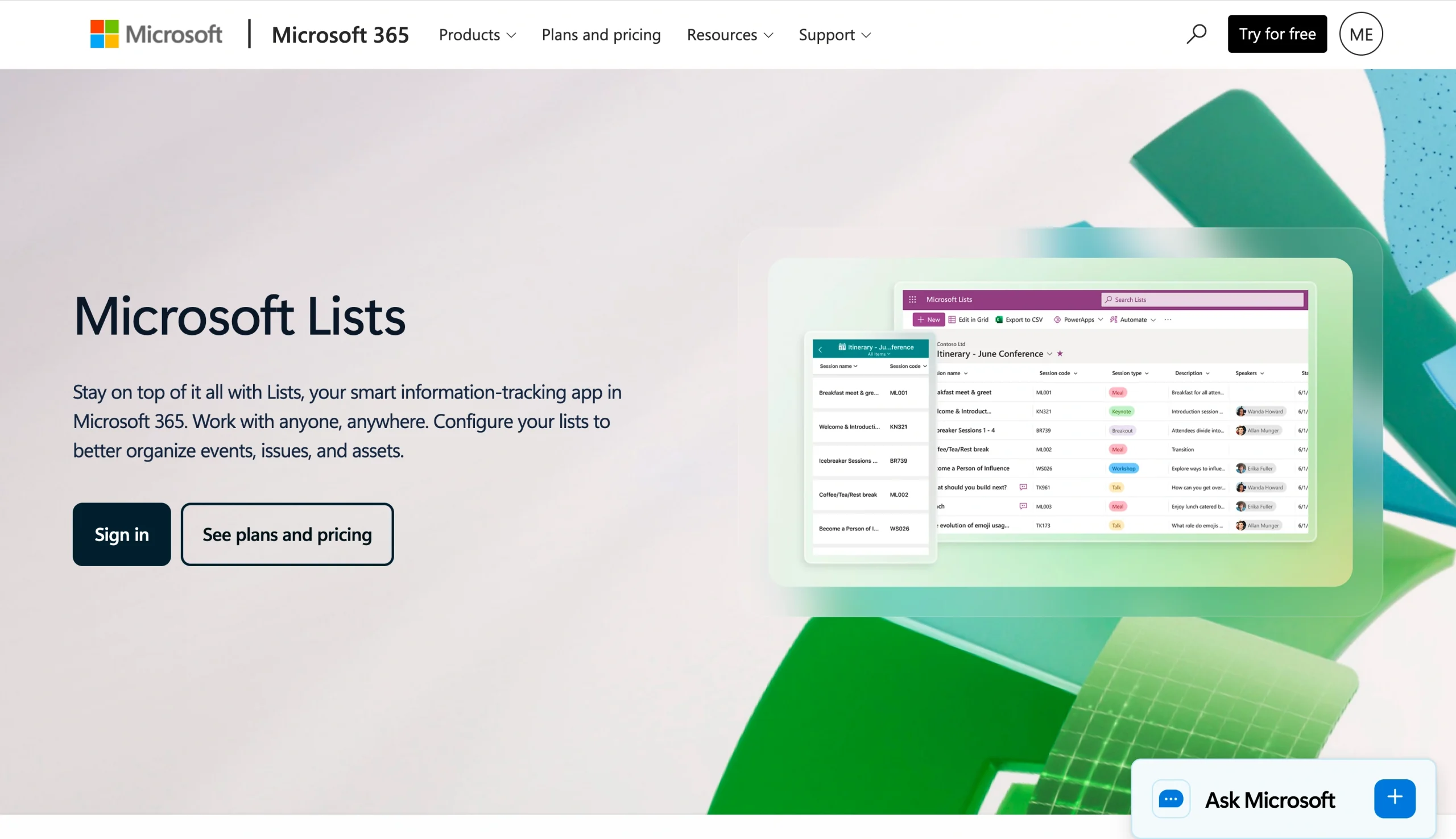 Screenshot of the Microsoft Lists landing page