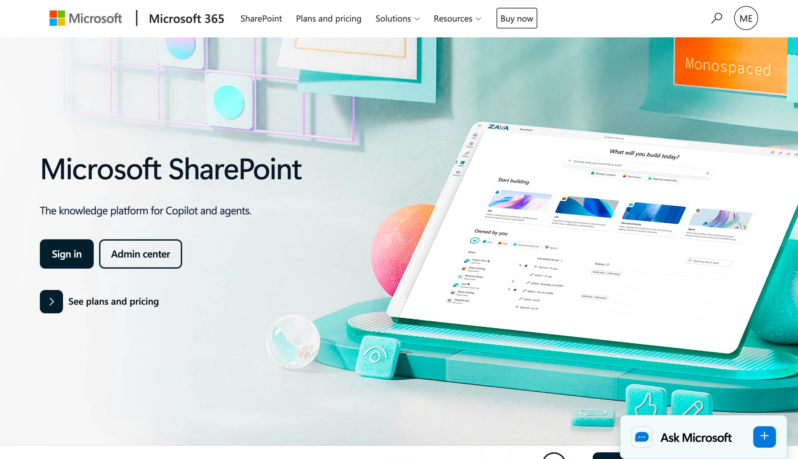 Screenshot of the Microsoft SharePoint landing page