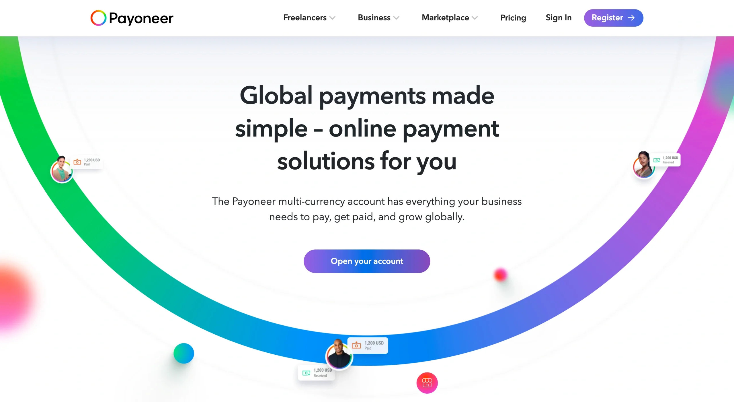 Screenshot of the Payoneer landing page, showing a headline "Global payments made simple - online payment solutions for you"