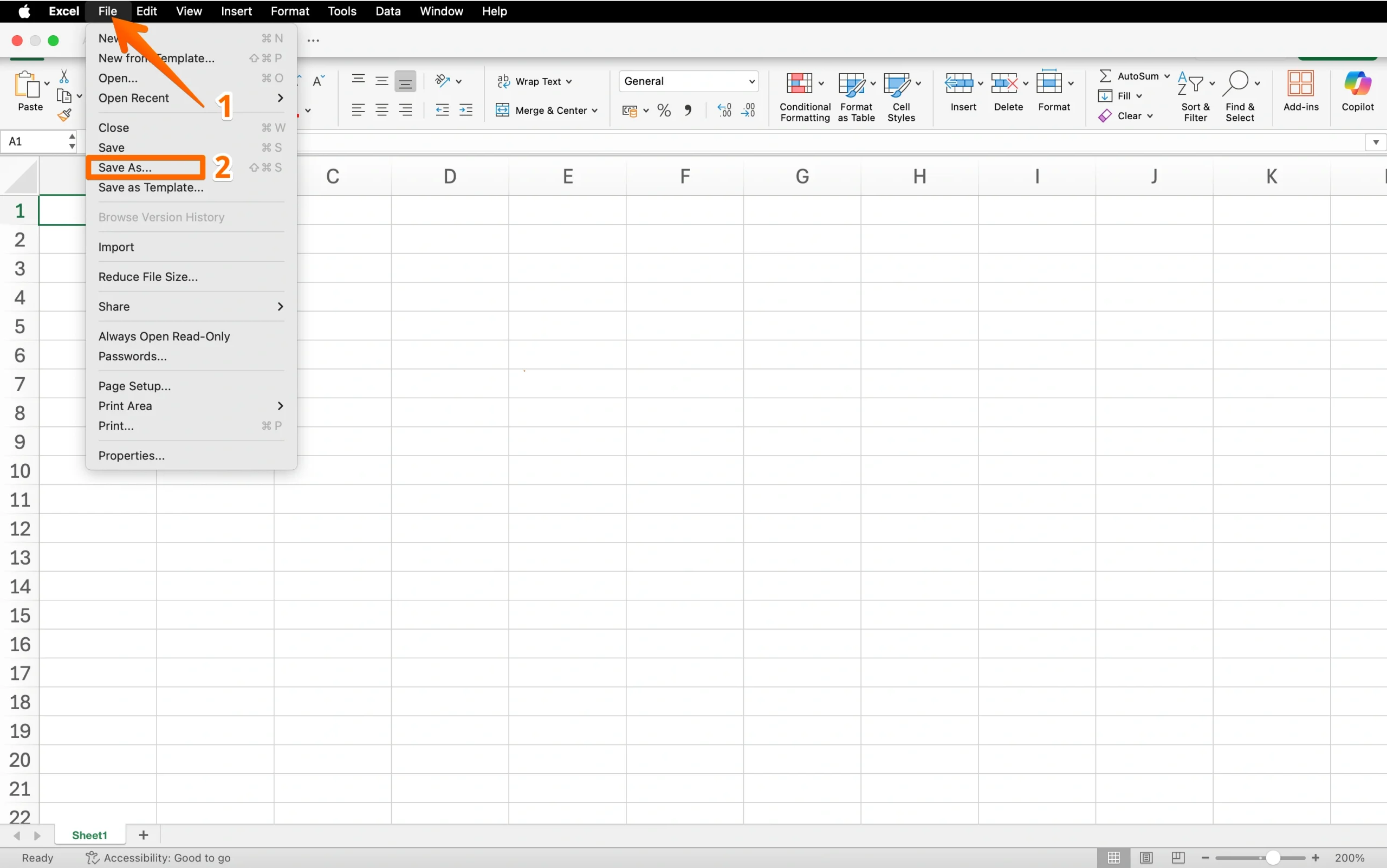 Excel File menu with Save As selected for converting a spreadsheet to PDF