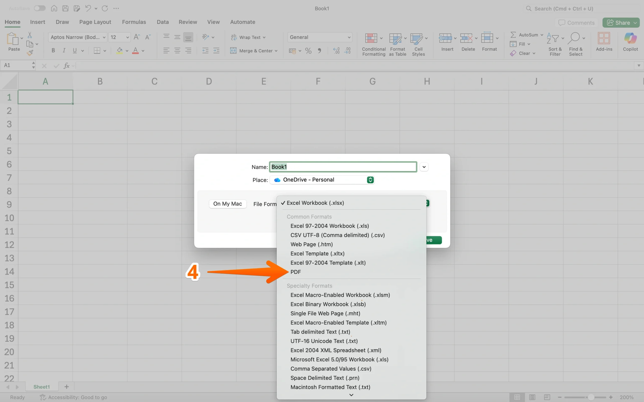 Excel Save As dialog showing the PDF file format option