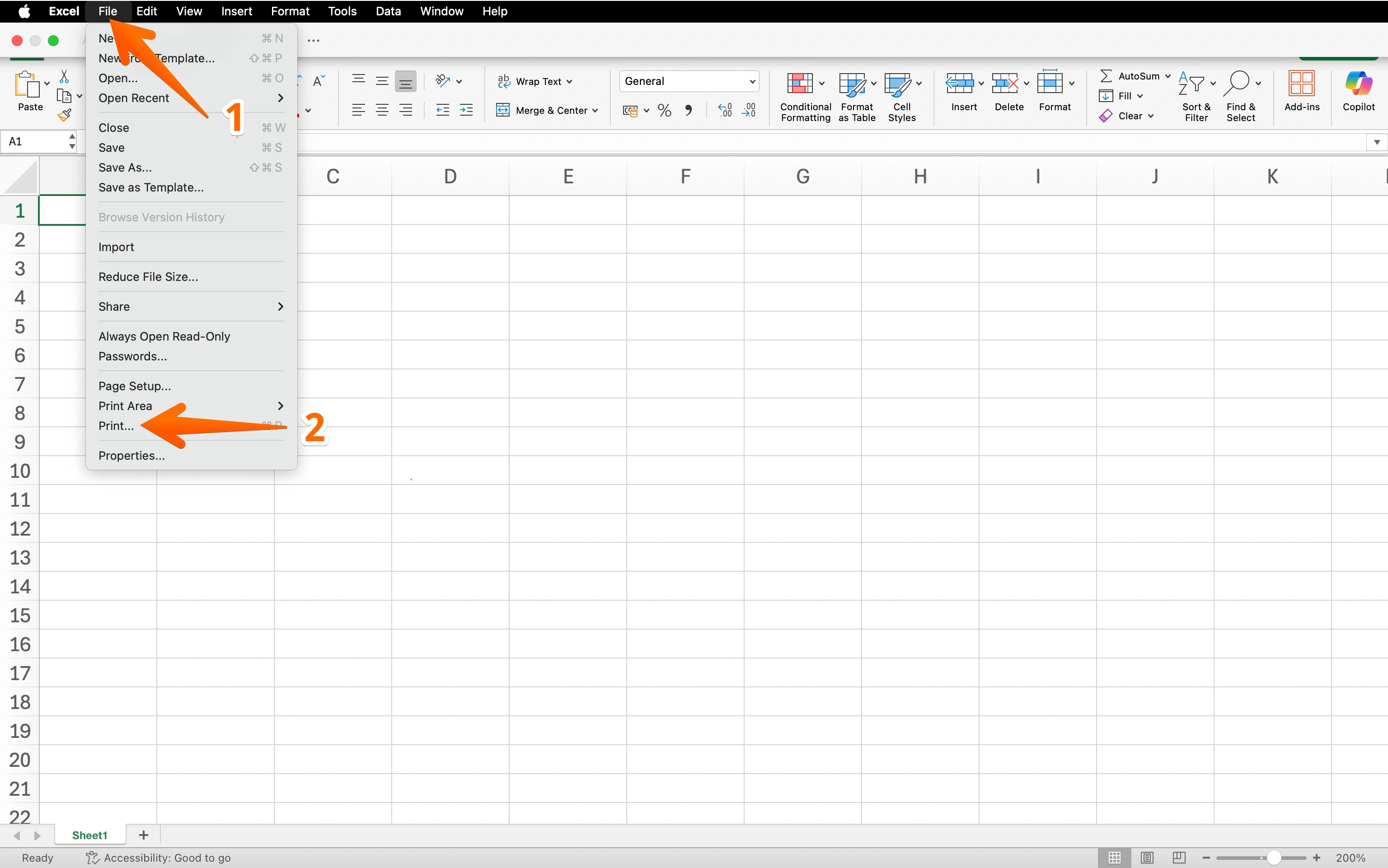 Excel File menu with Print selected for PDF printing