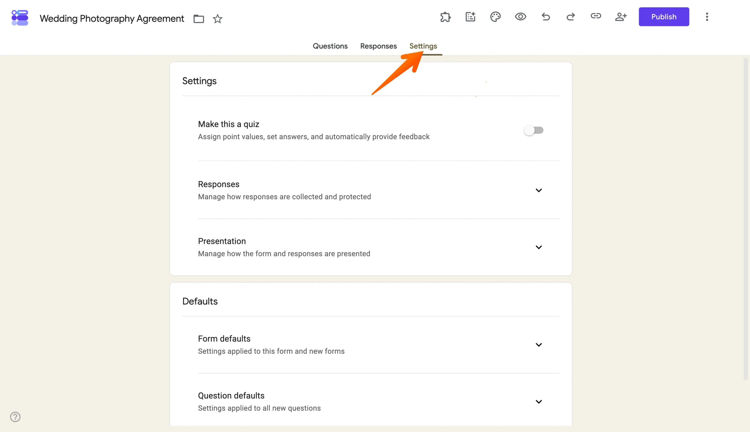 Google Forms settings page showing the Responses, Presentation, and Defaults sections for reviewing form options