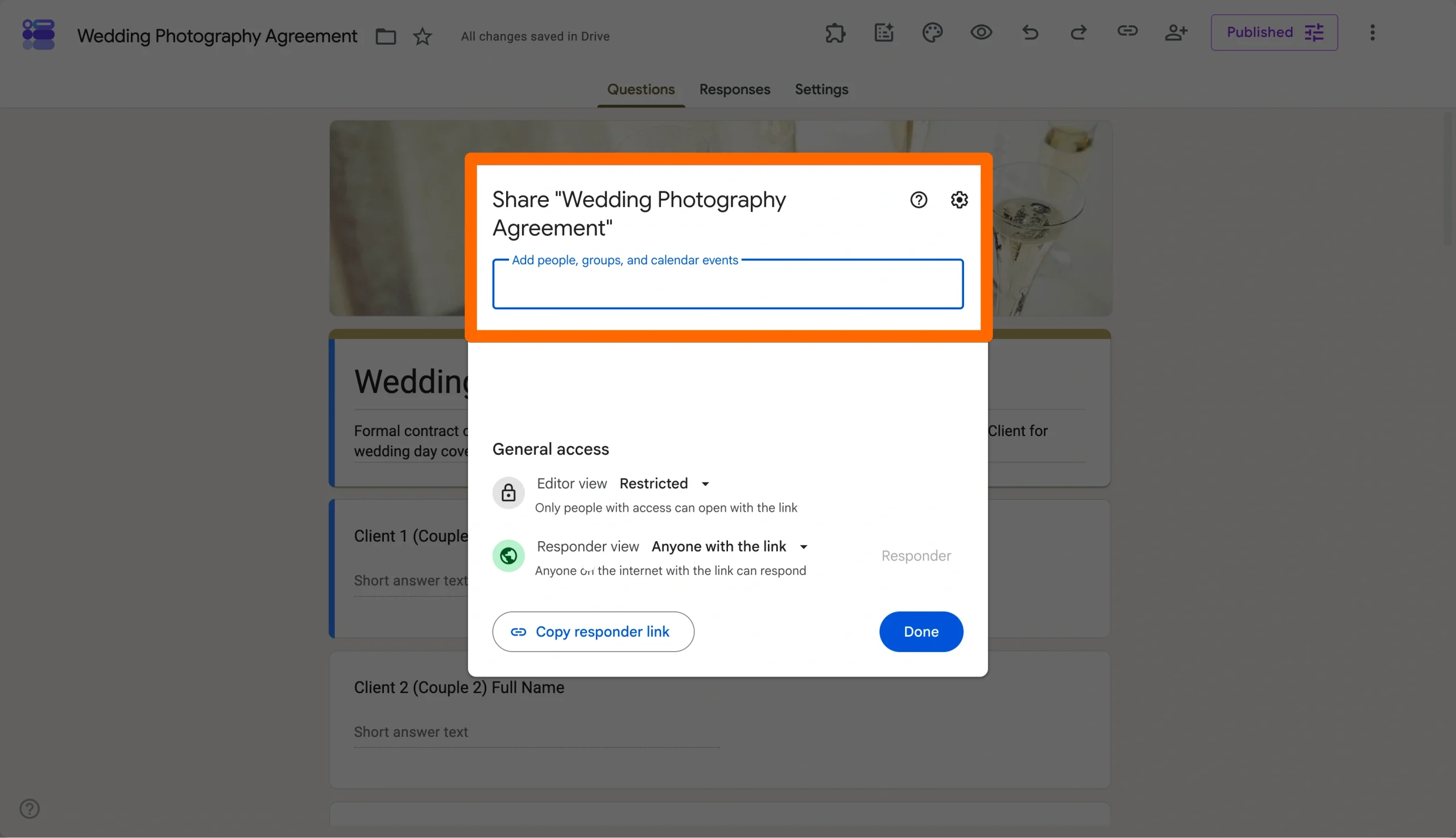 Google Forms Publish form pop-up with the email invitation field highlighted for sending the form by email