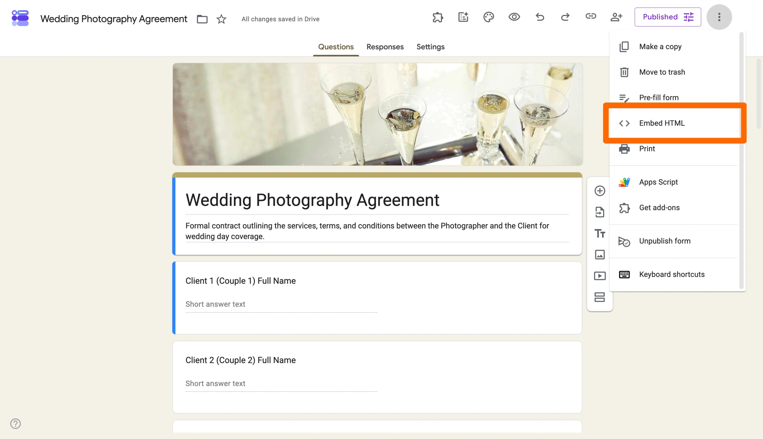 Google Forms editor showing the Share menu with the embed option highlighted for adding the form to a website