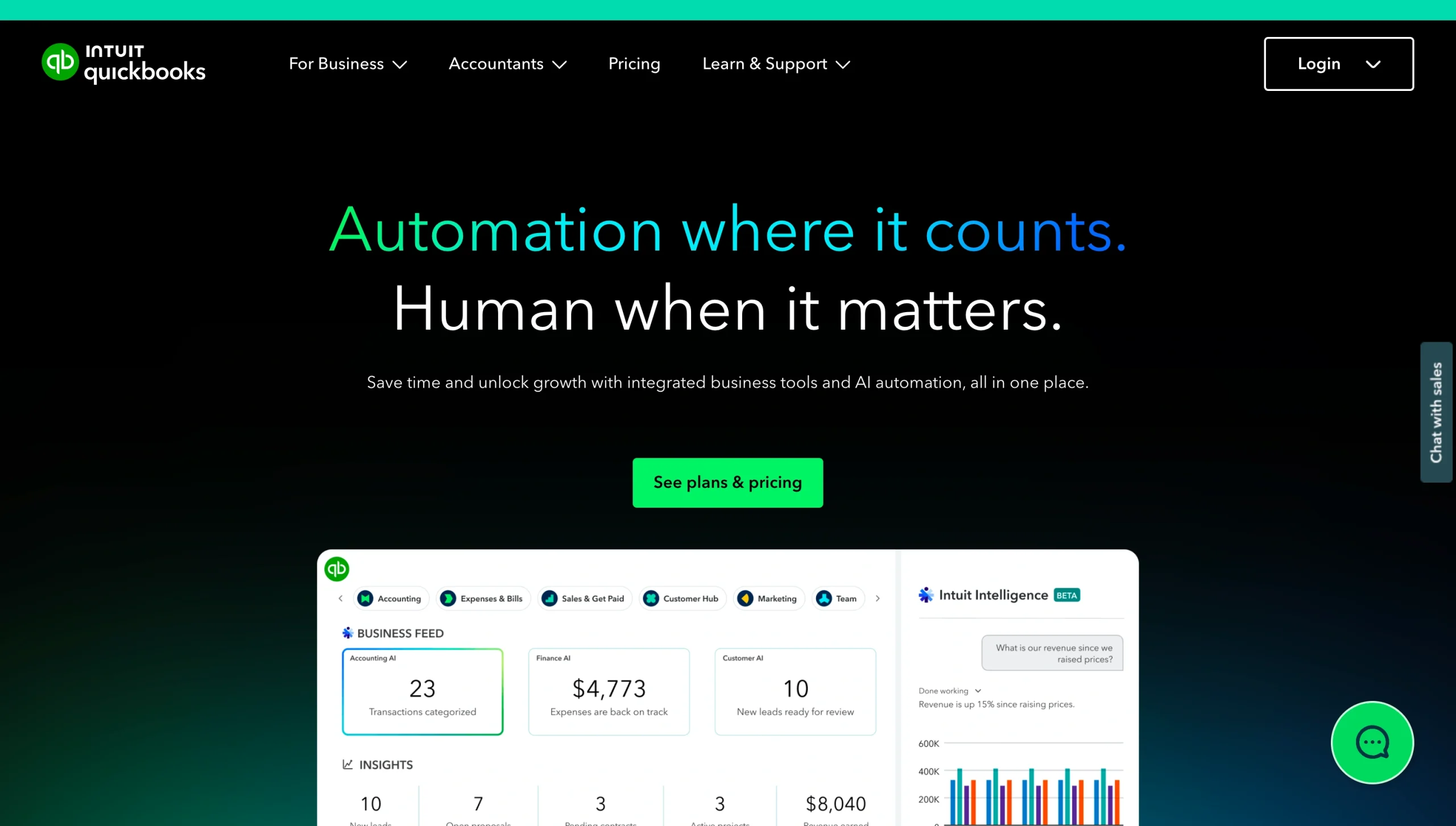 Screenshot of the QuickBooks Online landing page, showing a headline "Automation where it counts