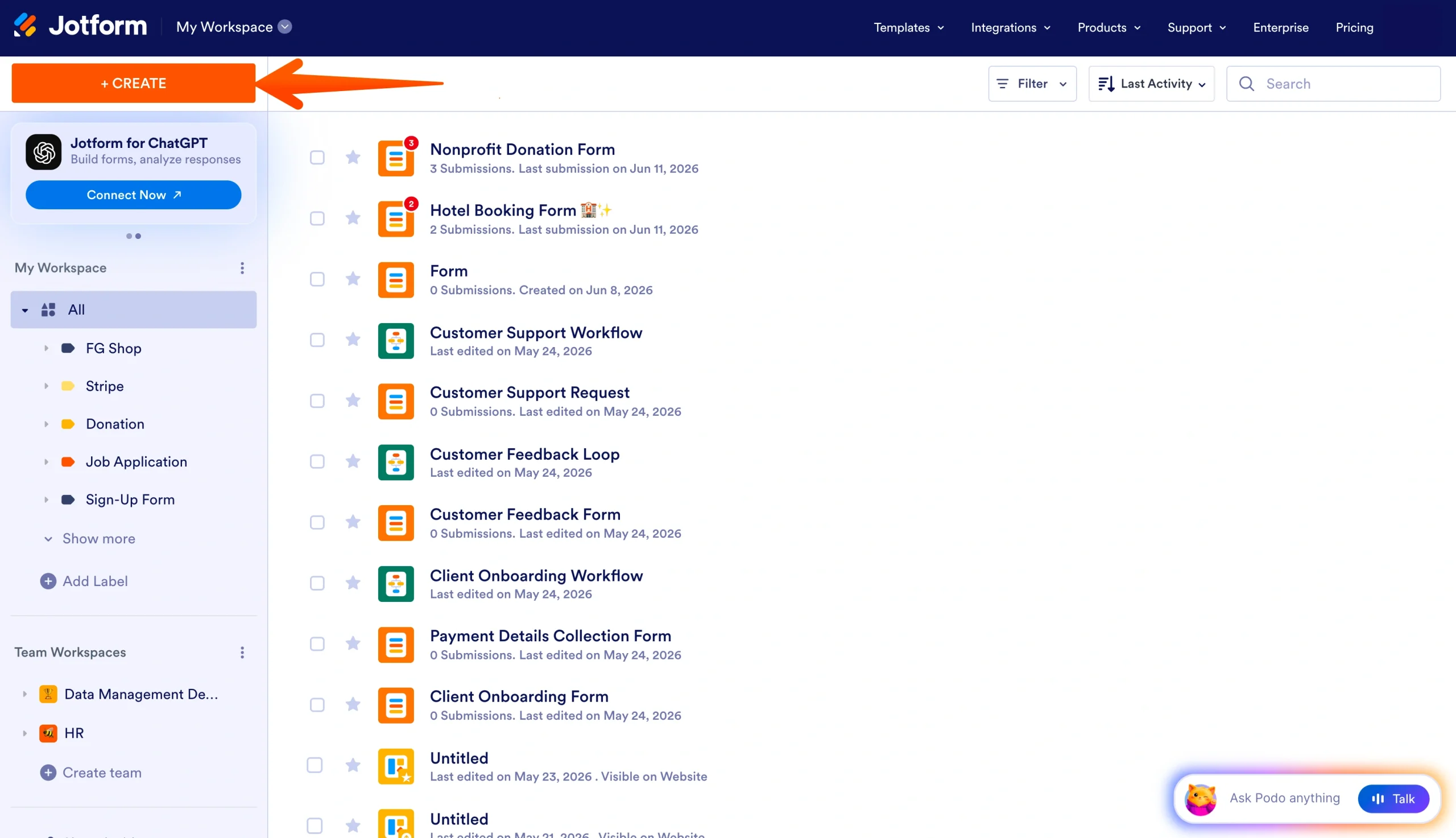 Jotform dashboard with the Create button highlighted