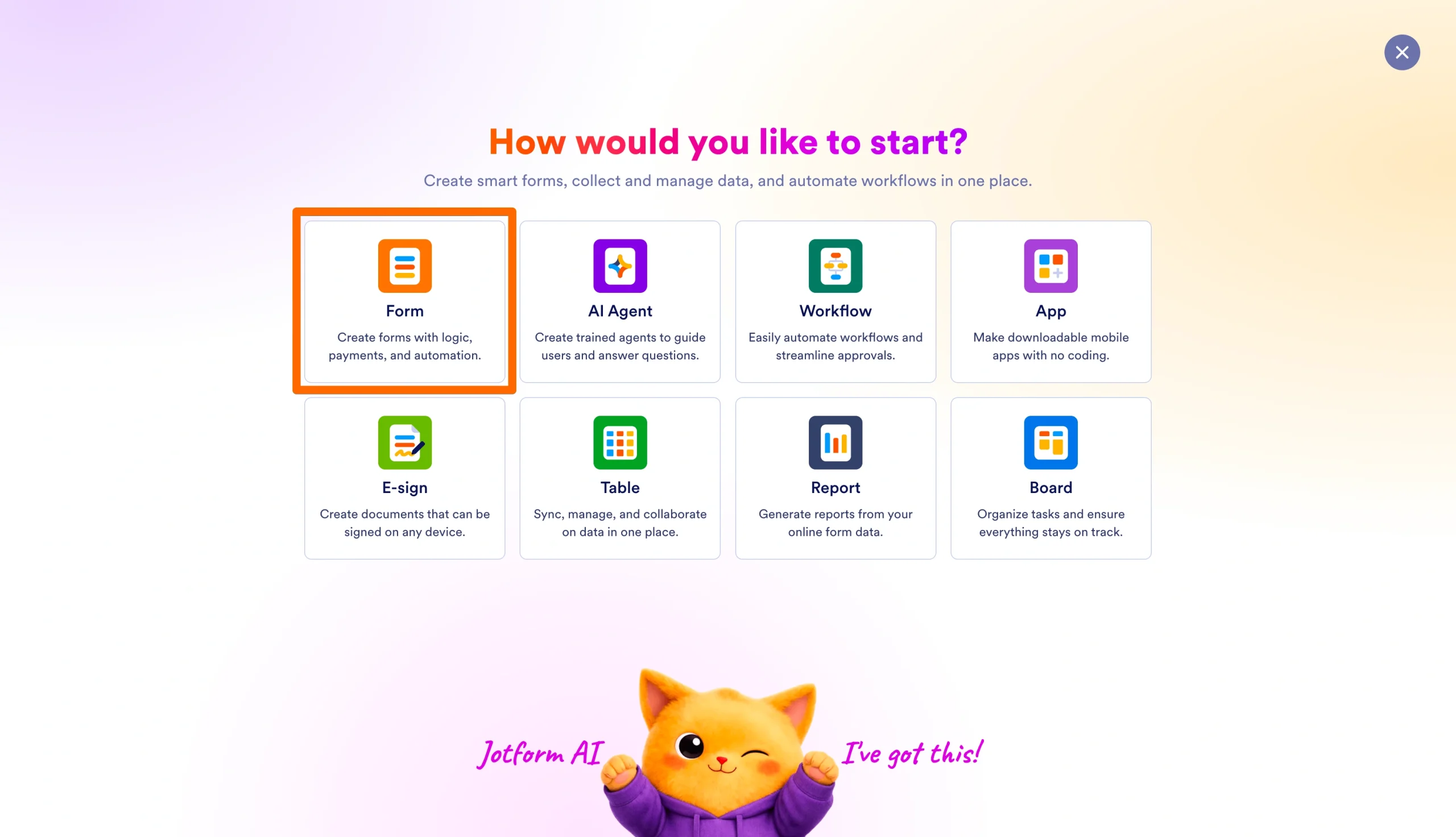 Jotform start menu with the Form option selected