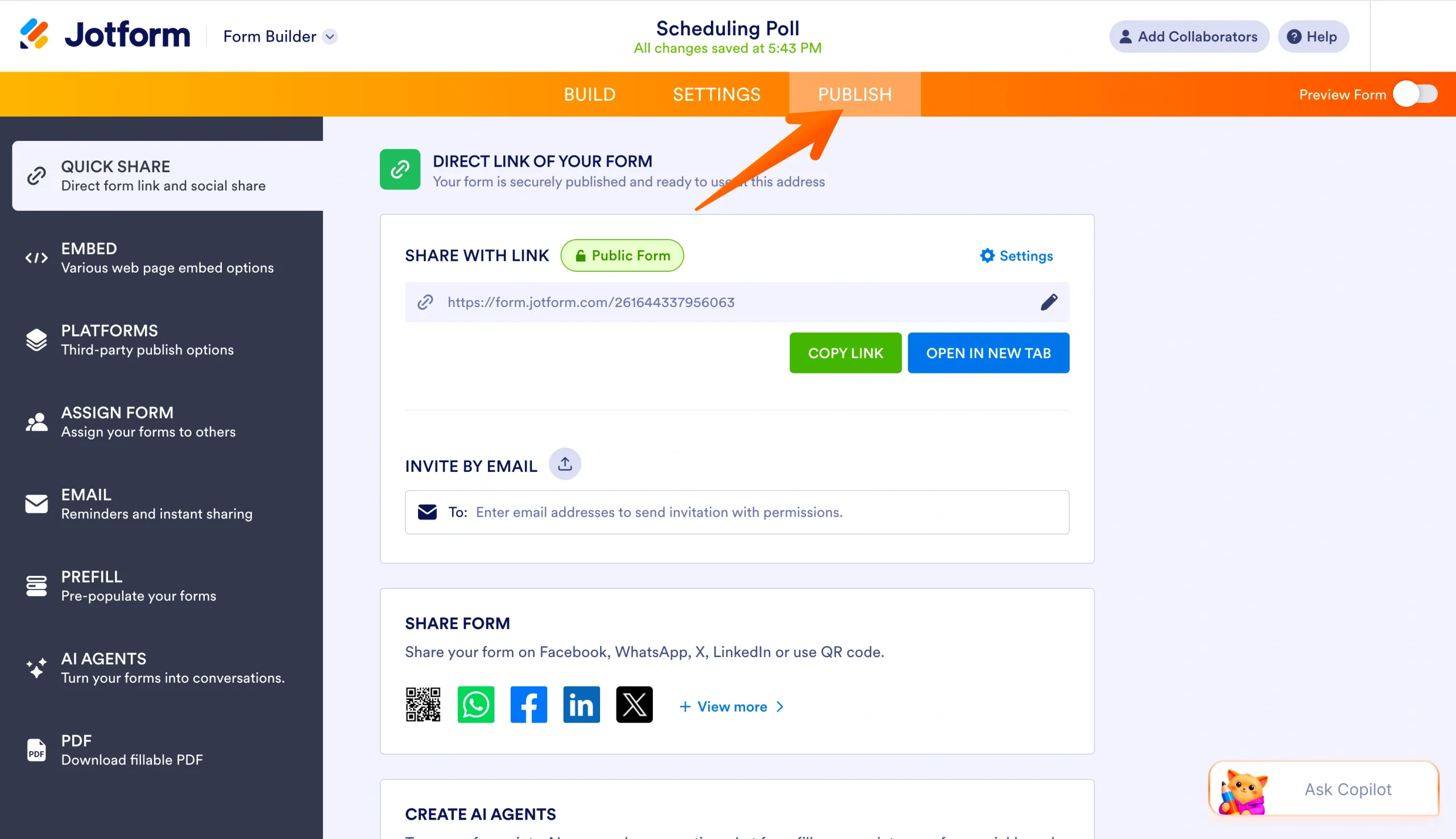 Jotform Publish tab showing form sharing options