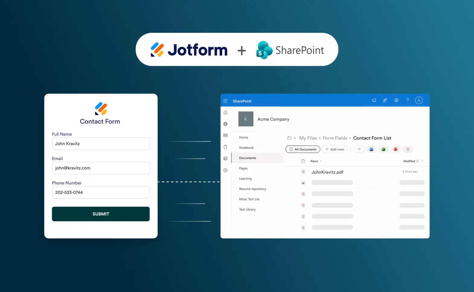 Jotform and SharePoint integration illustration showing a contact form submission being saved as a PDF in SharePoint