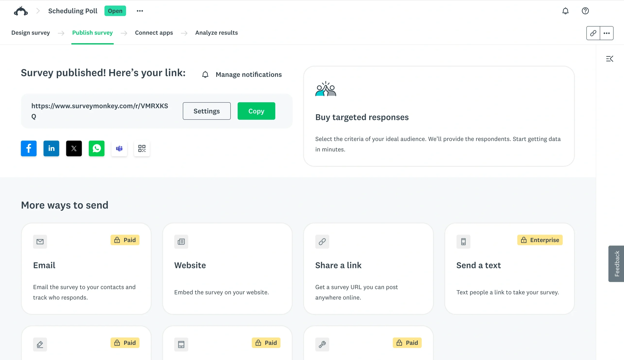 SurveyMonkey sharing page showing a copied survey link and sharing options