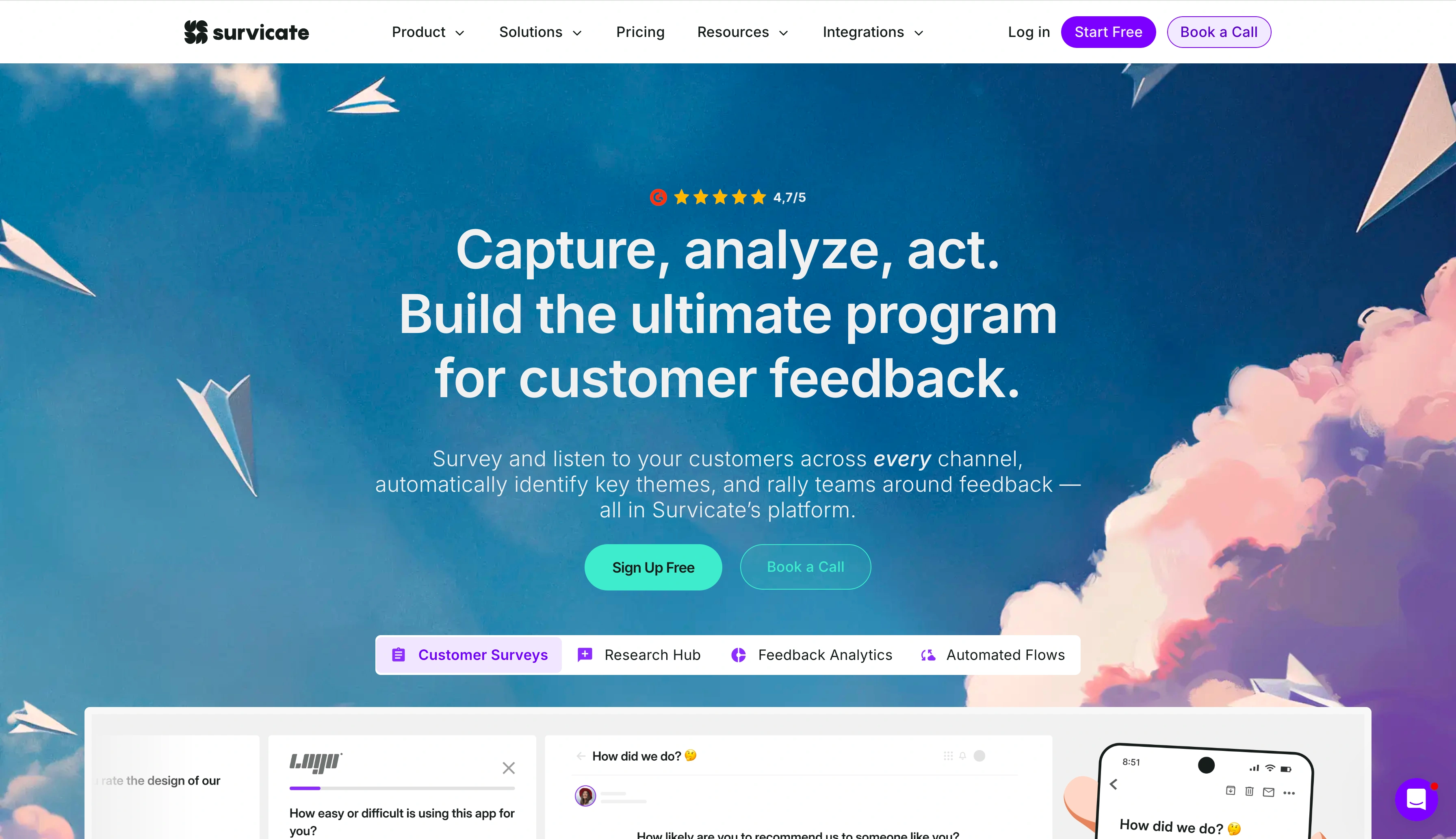 Survicate homepage promoting customer feedback surveys and analytics
