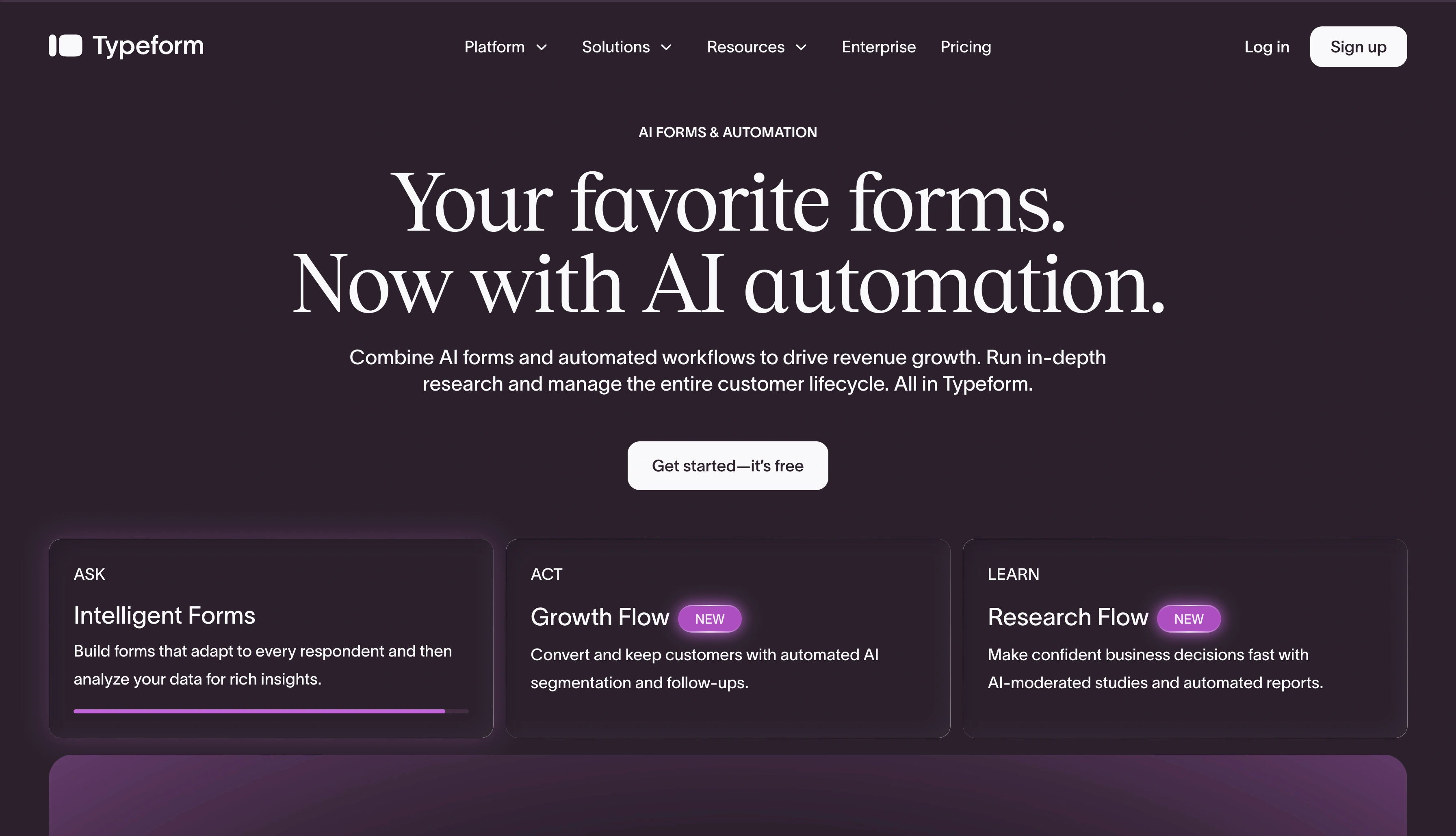 Typeform homepage promoting AI forms and automation