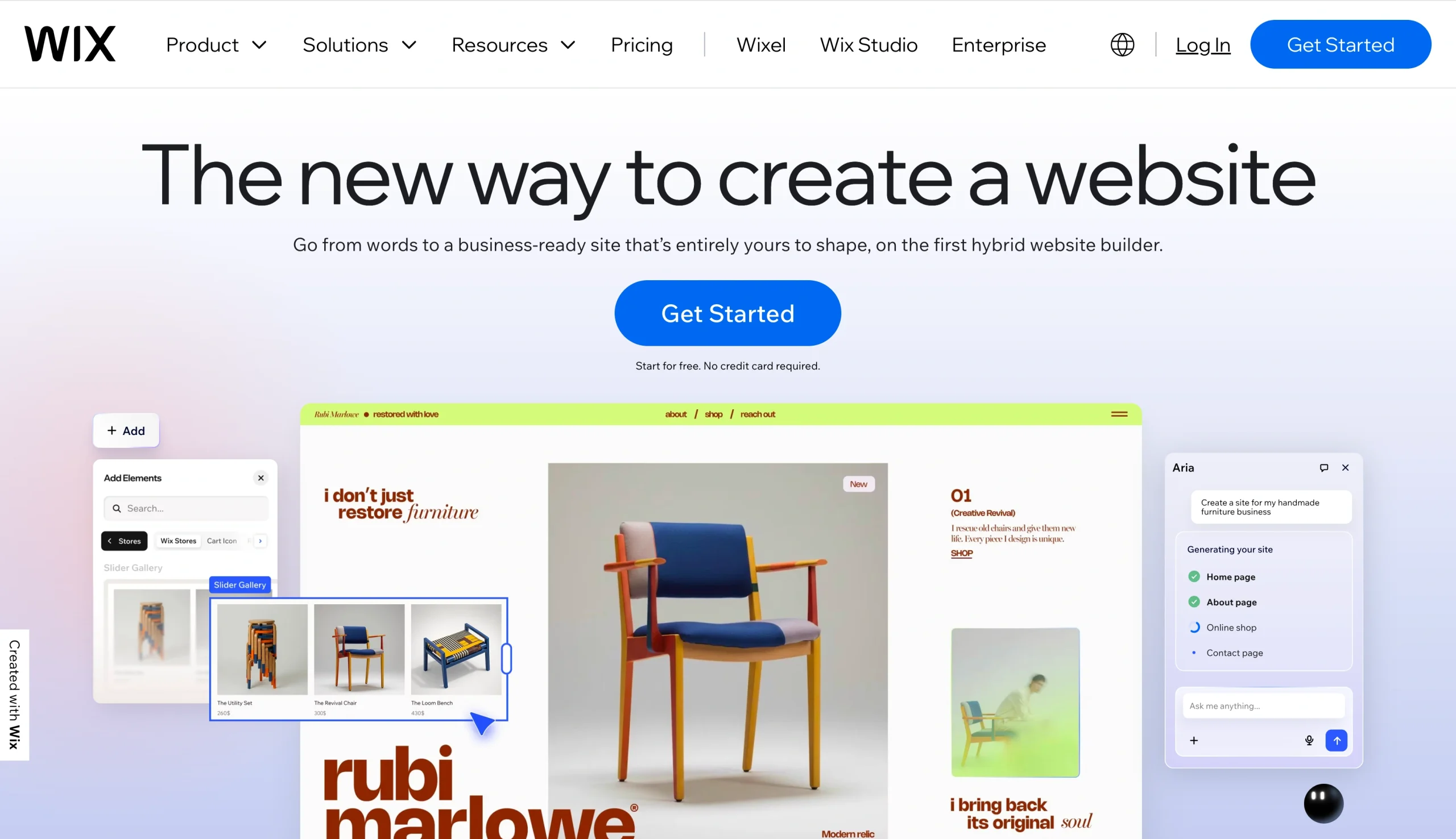 Screenshot of the Wix landing page, showing a headline "The new way to create a website"