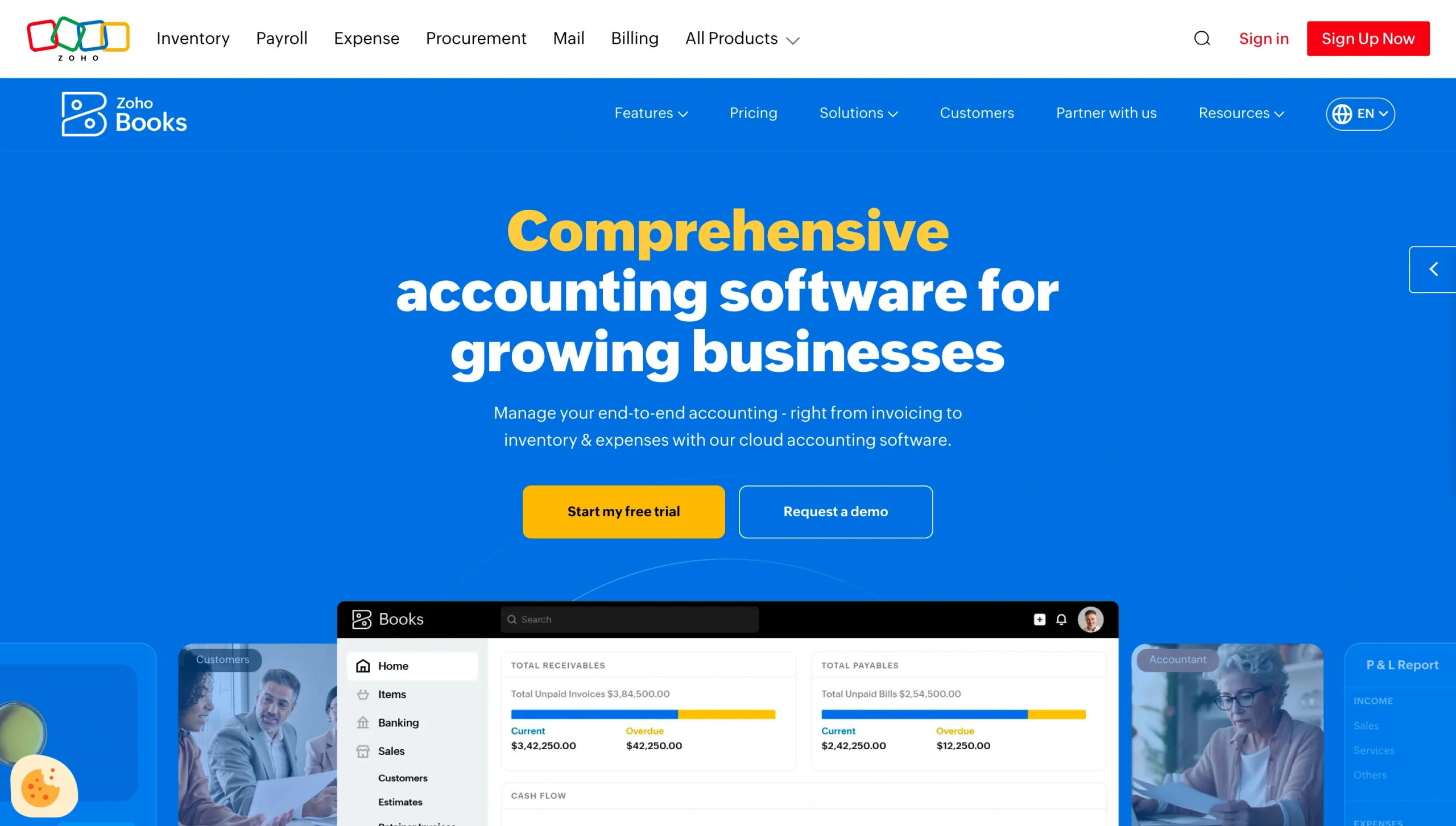 Screenshot of the Zoho Books landing page, showing a headline "Comprehensive accounting software for growing businesses"