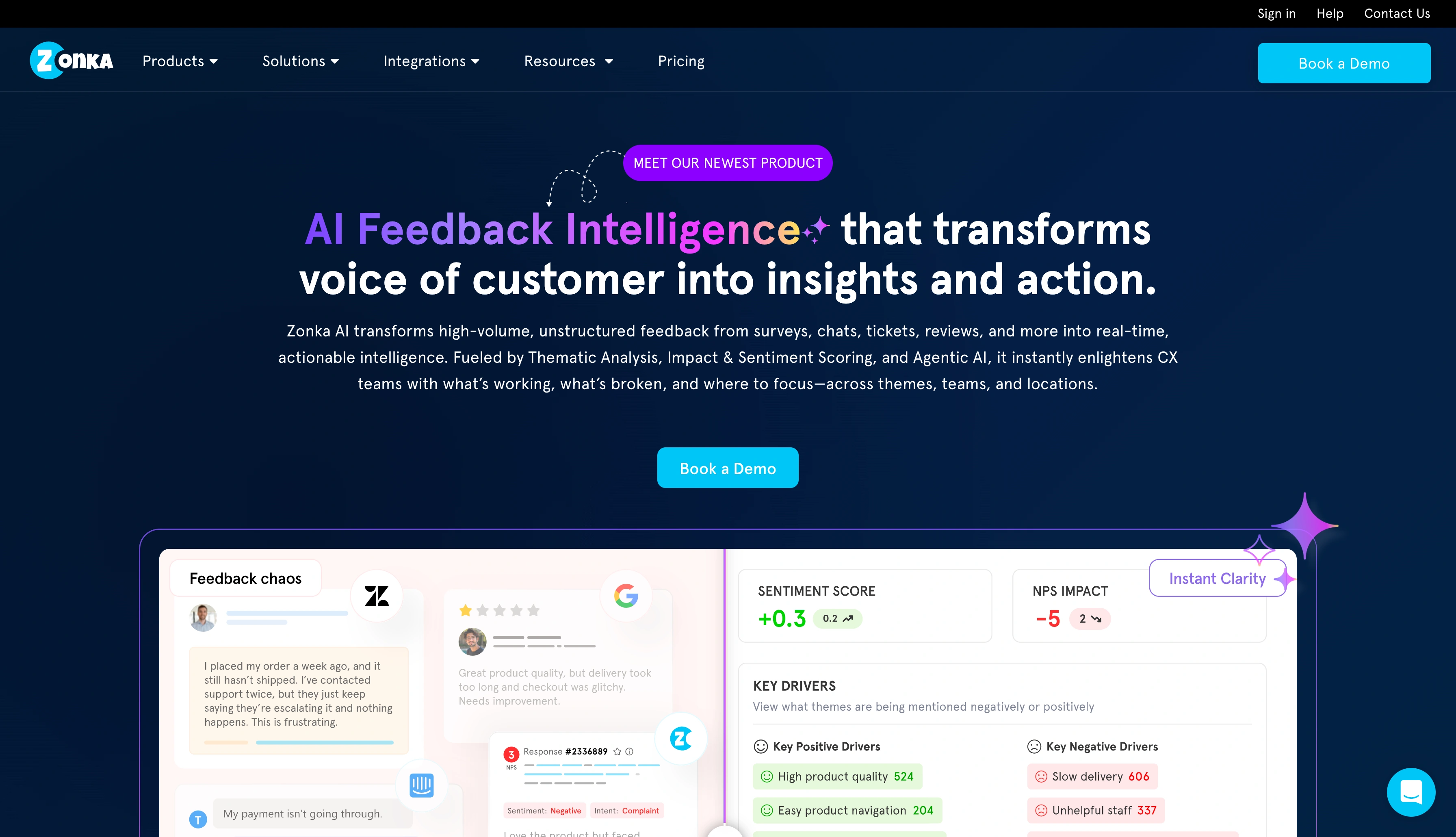 Zonka Feedback homepage promoting AI feedback intelligence for customer insights
