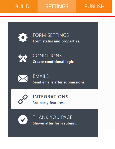 Integrations button under Settings tab, Jotform Form Builder